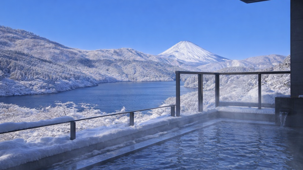 芦ノ湖温泉からみる雪景色