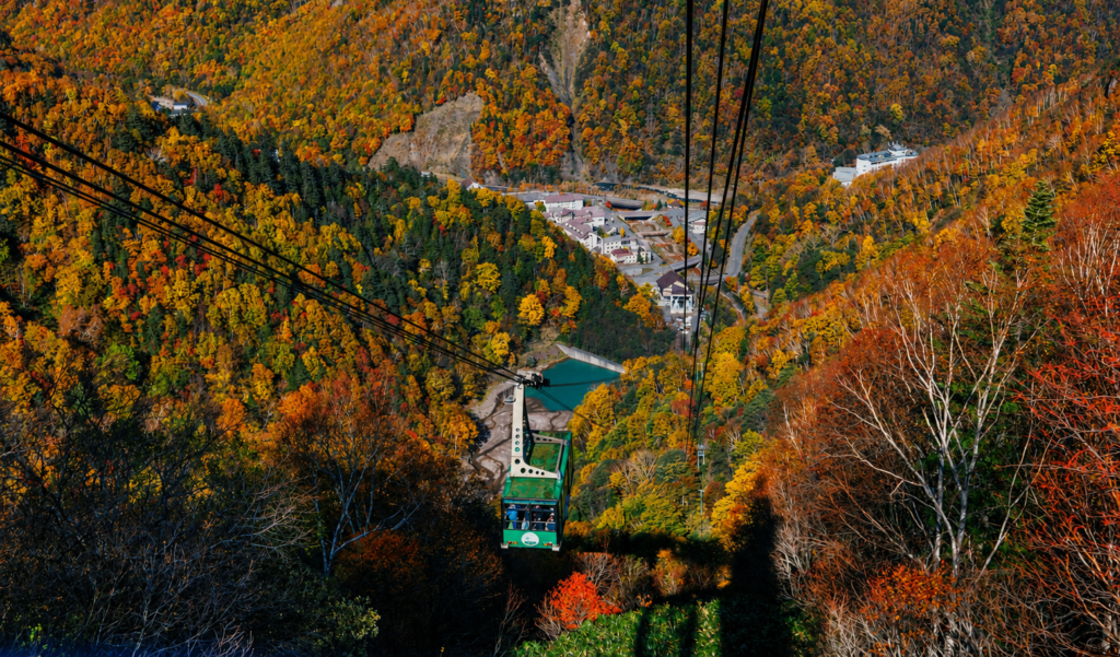 紅葉の黒岳を進むロープウェイ