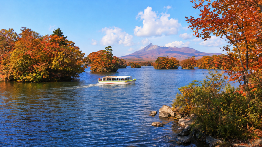 紅葉した大沼を進む観光遊覧船