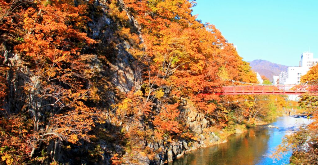 赤や黄色に色づいた定山渓温泉の渓谷