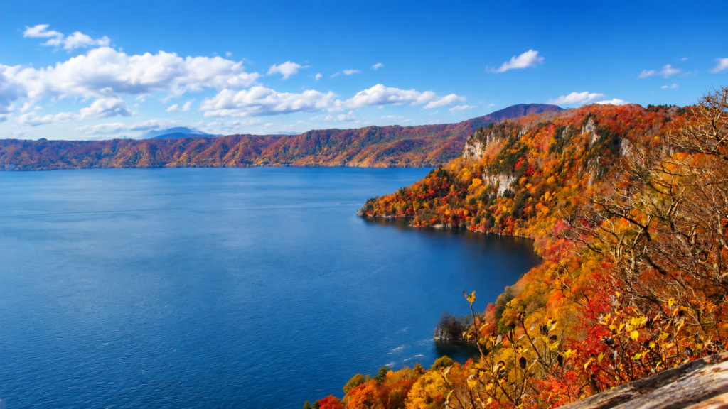 瞰湖台から見下ろす紅葉した十和田湖の中湖