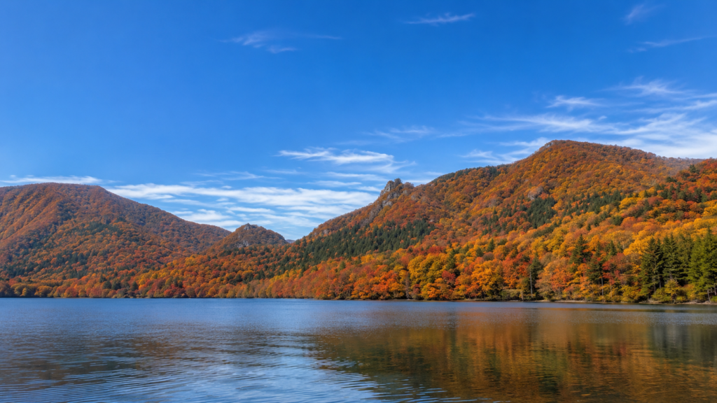 紅葉した外輪山に囲まれた秋の十和田湖